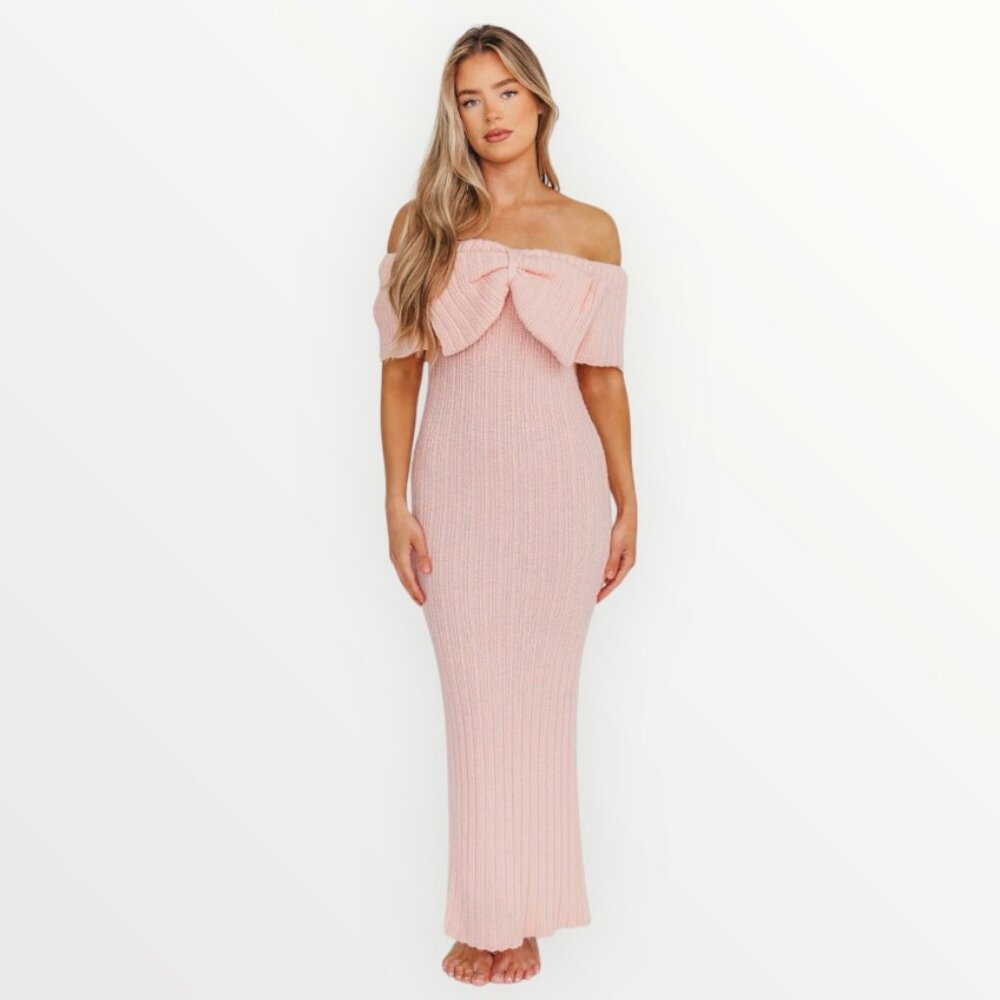 WORTH Collective Aston Bow Front Maxi Sweater Dress in Pinkish Petal